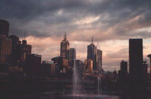 Melbourne at dusk from the Casino complex looking towards Flinders Street Station, Melbourne, Victoria, Australia