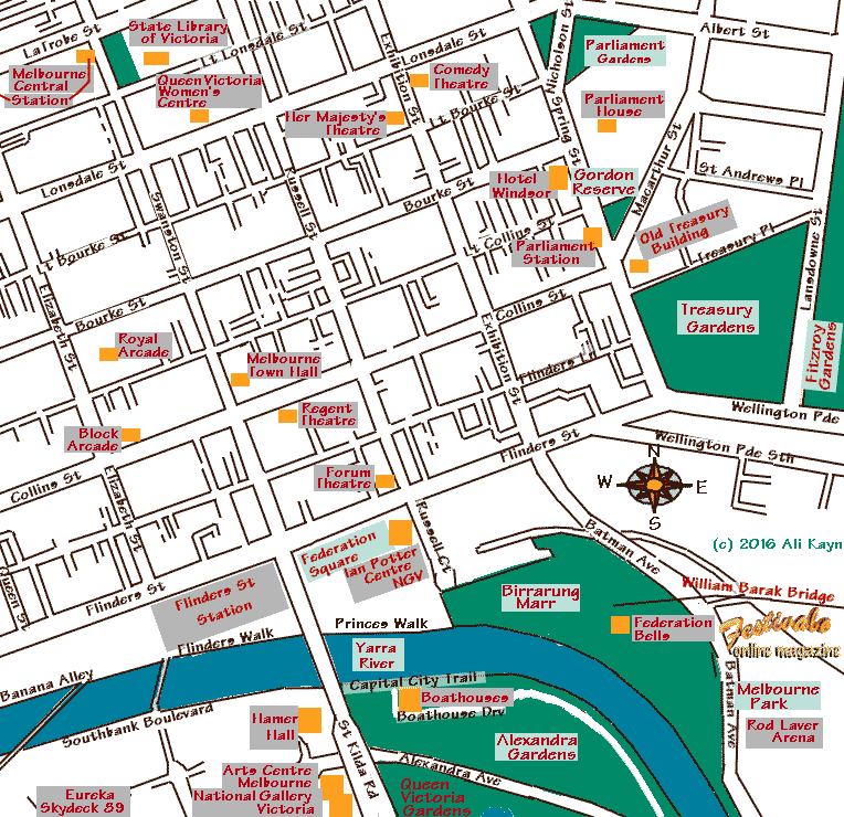 Map of Melbourne, Australia, south to st kilda Rd, East to Fitzroy Gardens